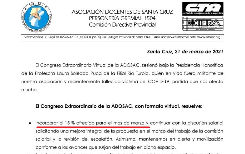 ADOSAC sesionó en congreso extraordinario y aceptó el 15% ofrecido para el mes marzo