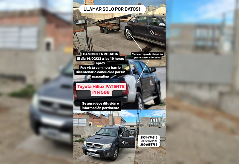 Vecino de Caleta Olivia denuncia robo de camioneta Toyota Hillux
