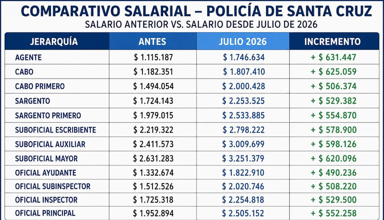 La nueva escala salarial de la policía, explicada: aumentos, adicionales y como queda Santa Cruz frente al resto de país 