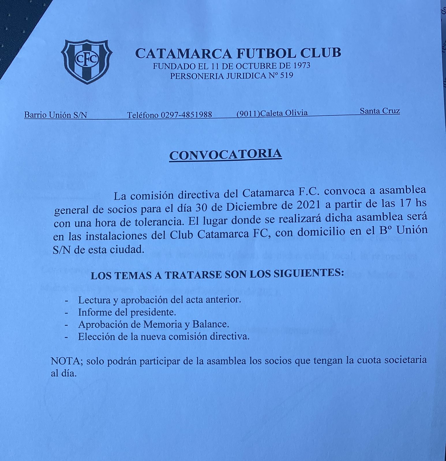 Liga Norte: Catamarca FC convoca asamblea de socios