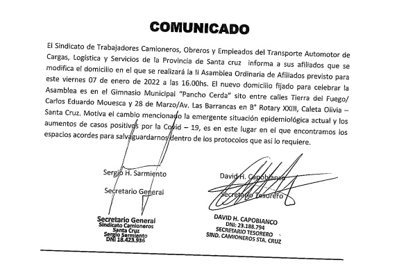 El sindicato de Camioneros se trasladará al gimnasio Pancho Cerda para realizar la II Asamblea Ordinaria