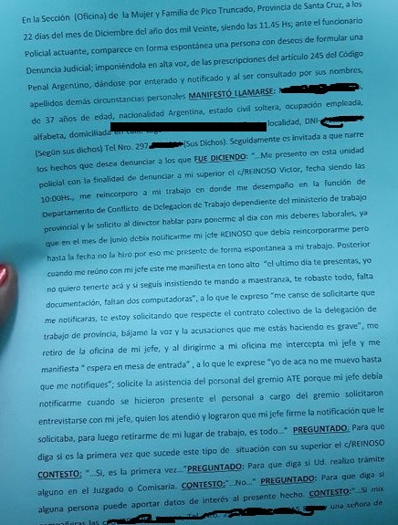 Empleada del Ministerio de Trabajo denunció al Director de Pico Truncado