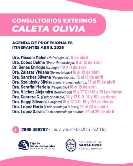 Conocé la agenda de los consultorios externos en Caleta Olivia