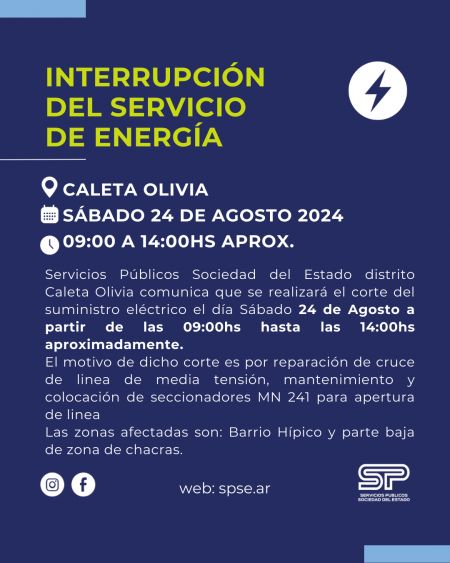 Corte de energía programado para dos barrios de Caleta Olivia
