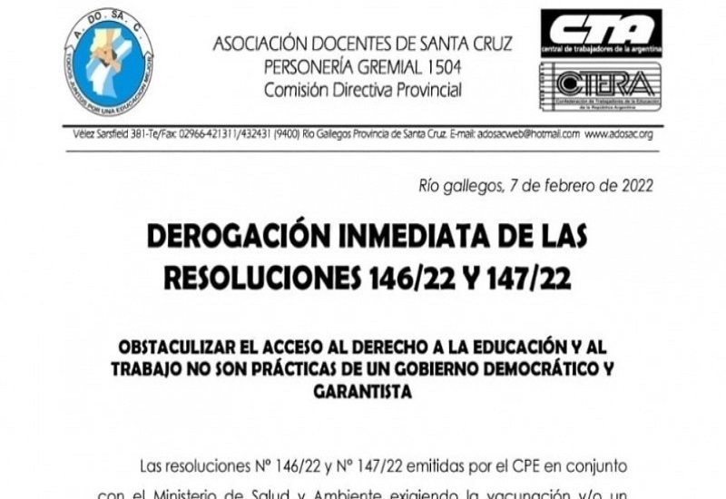 ADOSAC pidió la derogación inmediata de las resoluciones 146/22 y 147/22