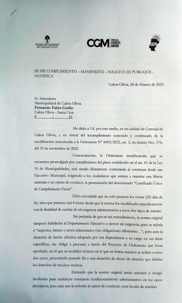 Murúa no descartó hacer una presentación judicial contra  el Intendente Cotillo