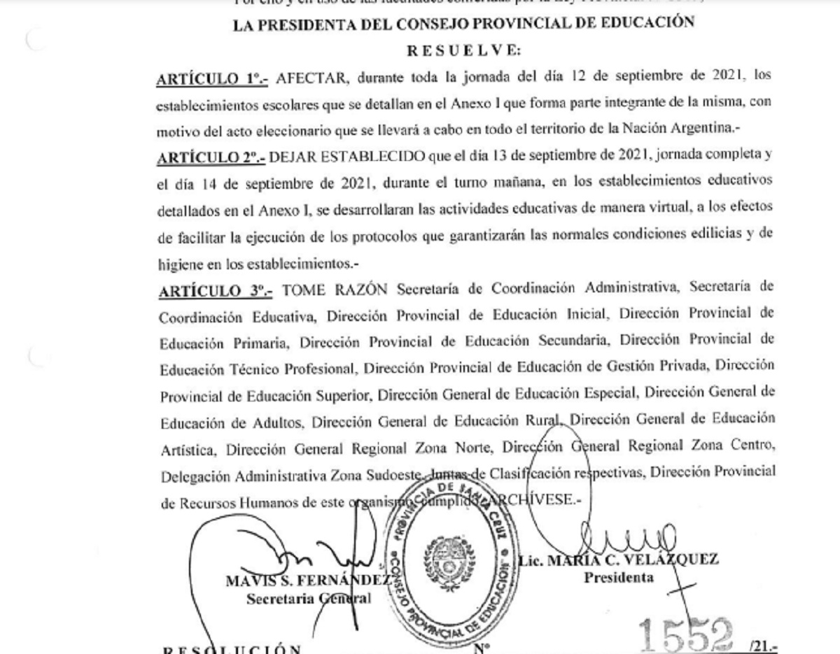 Velázquez resolvió que las escuelas afectadas a las elecciones dictarán clases virtuales, este lunes y martes