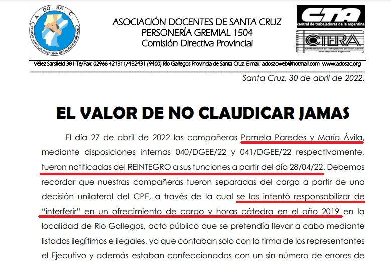 Restituyeron funciones a docentes sancionadas en 2019 por protestar contra ofrecimientos de cargo irregulares