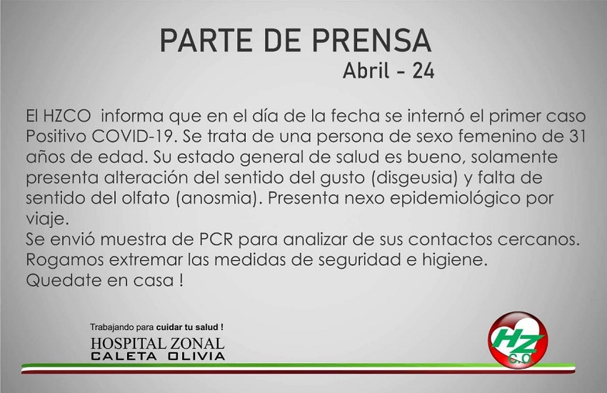 Primer caso positivo de Coronavirus en Caleta Olivia 