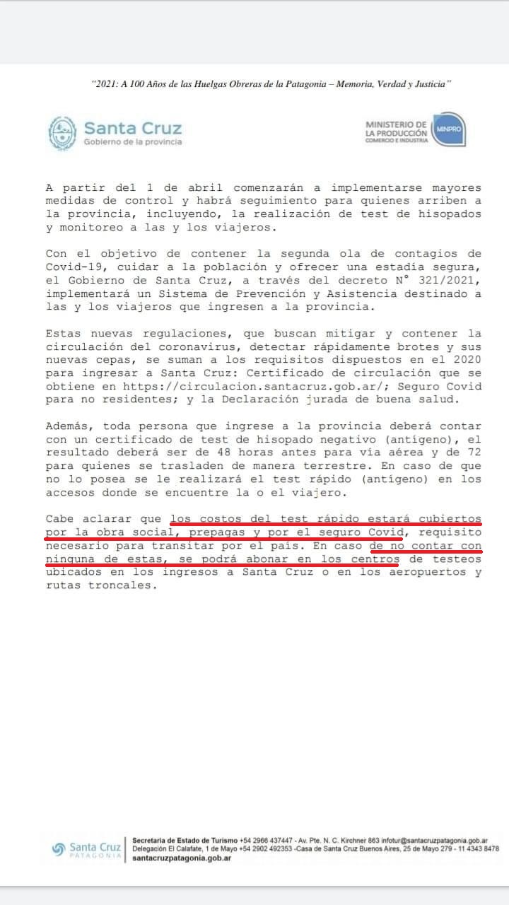 El gobierno provincial dice que las obras sociales pagarán los test rápidos en los accesos
