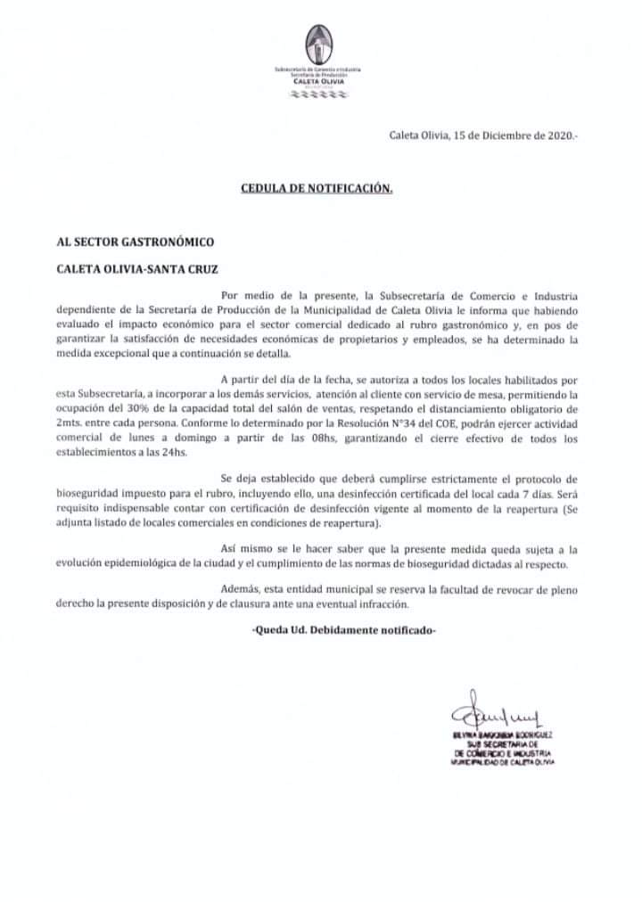 A partir de hoy gastronómicos y servicios de mesa podrán abrir con el 30% de ocupación dentro de los locales