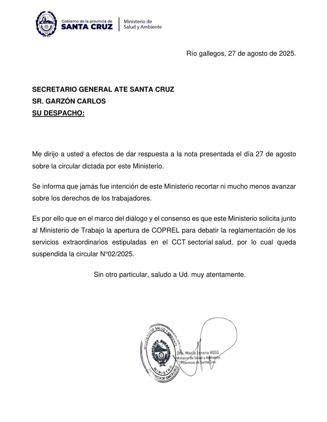 ATE: Quedó sin efecto la circular del Ministerio de Salud