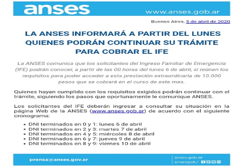 LA ANSES INFORMARÁ A PARTIR DEL LUNES QUIENES PODRÁN CONTINUAR SU TRÁMITE PARA COBRAR EL IFE