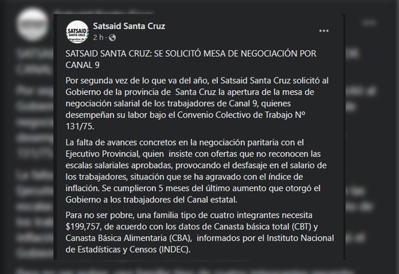 Satsaid Santa Cruz solicita mesa de negociación por los trabajadores de Canal 9 ante falta de avances salariales