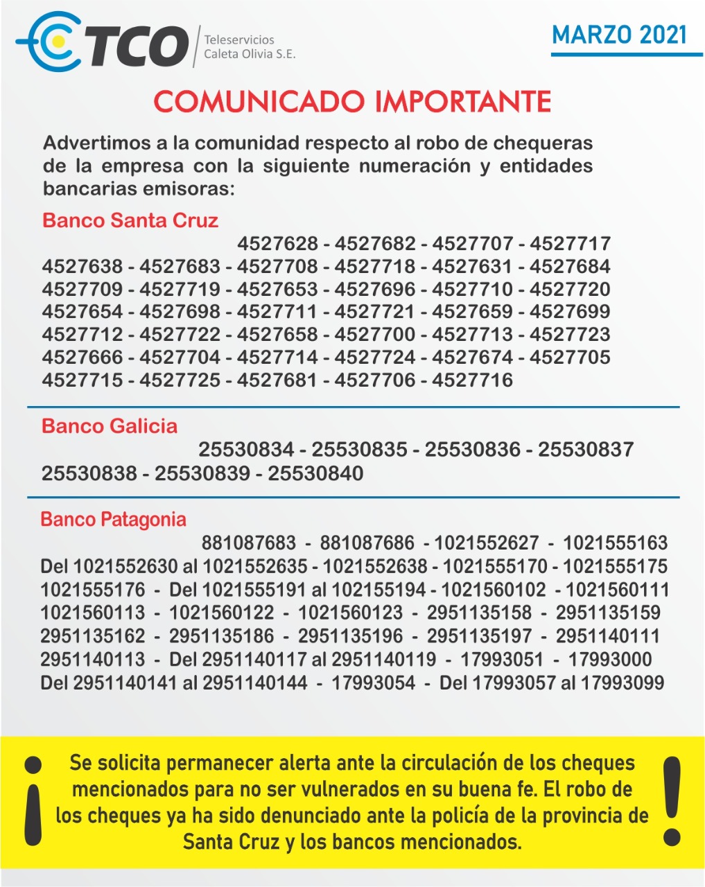 TCO publicó la numeración de 128 cheques robados y alerta a la comunidad sobre su circulación ilegal
