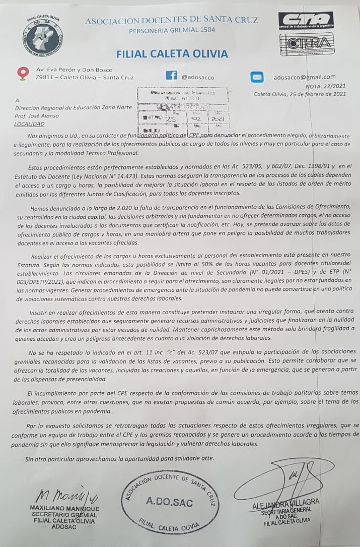 Ofrecimientos de Cargos: Adosac acusa de ilegal y arbitrario el acto que dispuso el CPE para la subasta de los cargos docentes