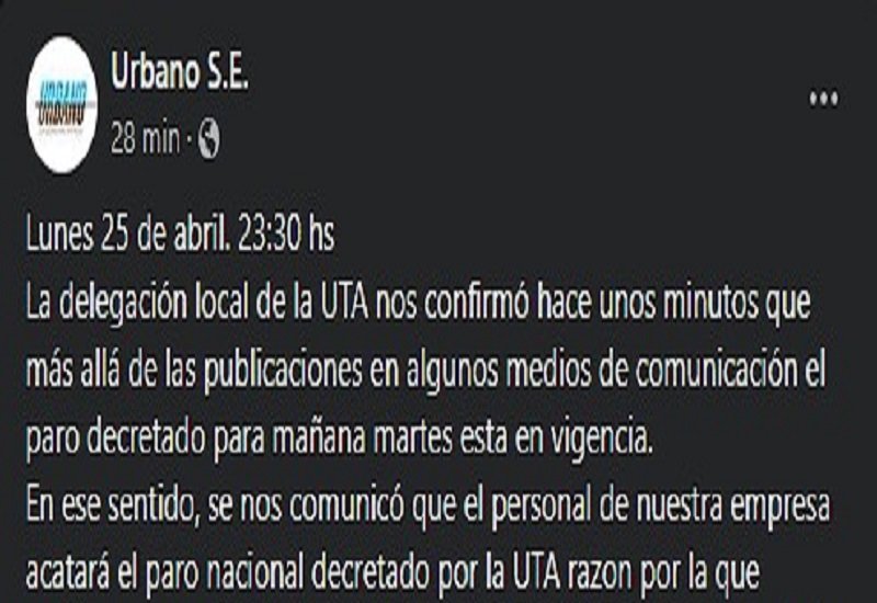 Urbano confirma que mañana martes el servicio estará totalmente suspendido por el paro de UTA