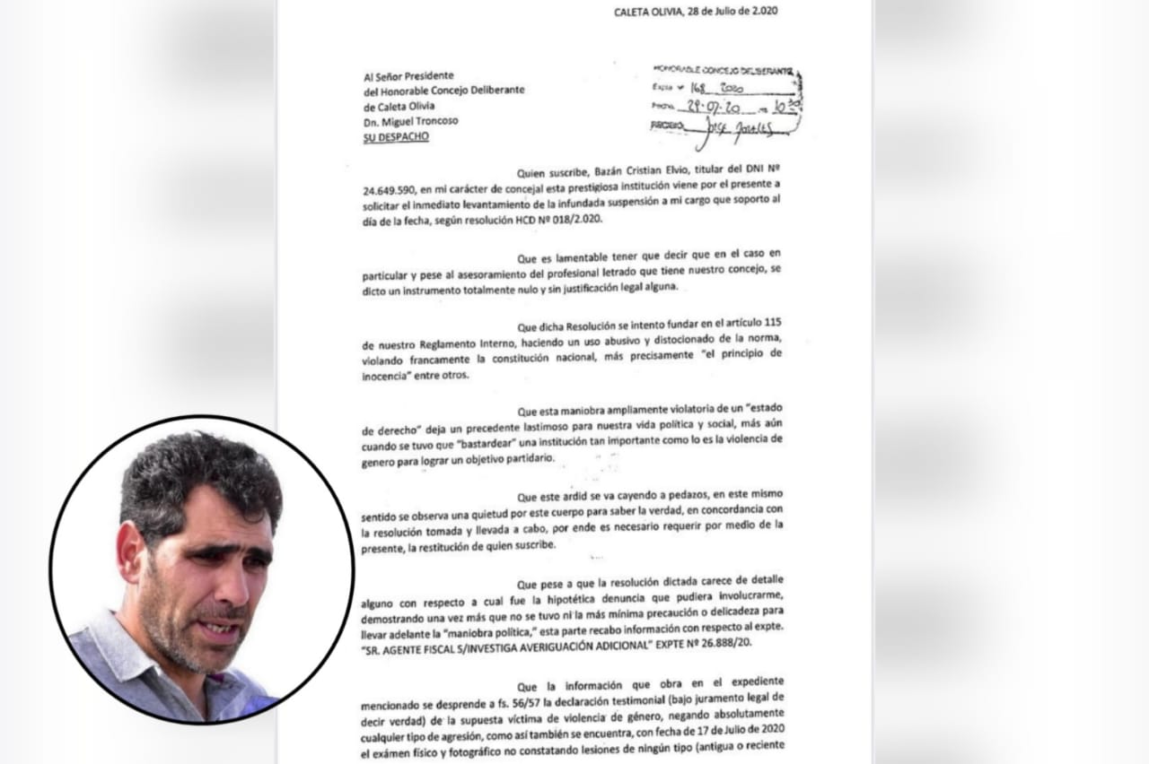Concejo Deliberante: Cristian Bazán solicitó que le devuelvan la banca en 48 horas