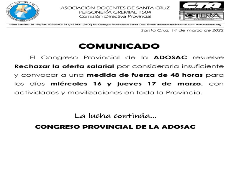 ADOSAC rechaza la oferta salarial y convoca a paro por 48 horas