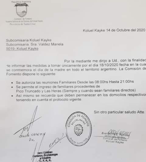 Medida extraordinaria: En Koluel Kaike podrán festejar el día de la madre en familia