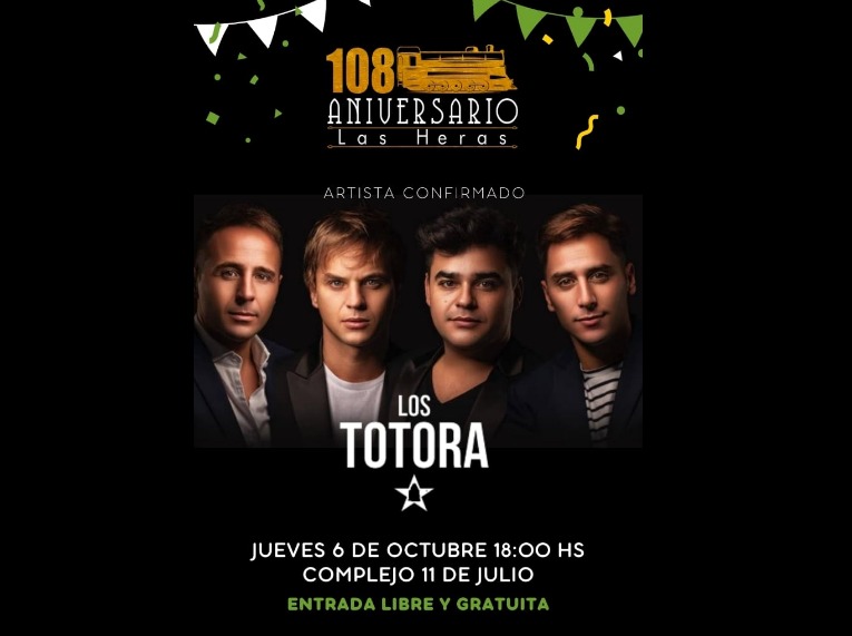 Los Totora se presentarán en el aniversario N° 108 de Las Heras 