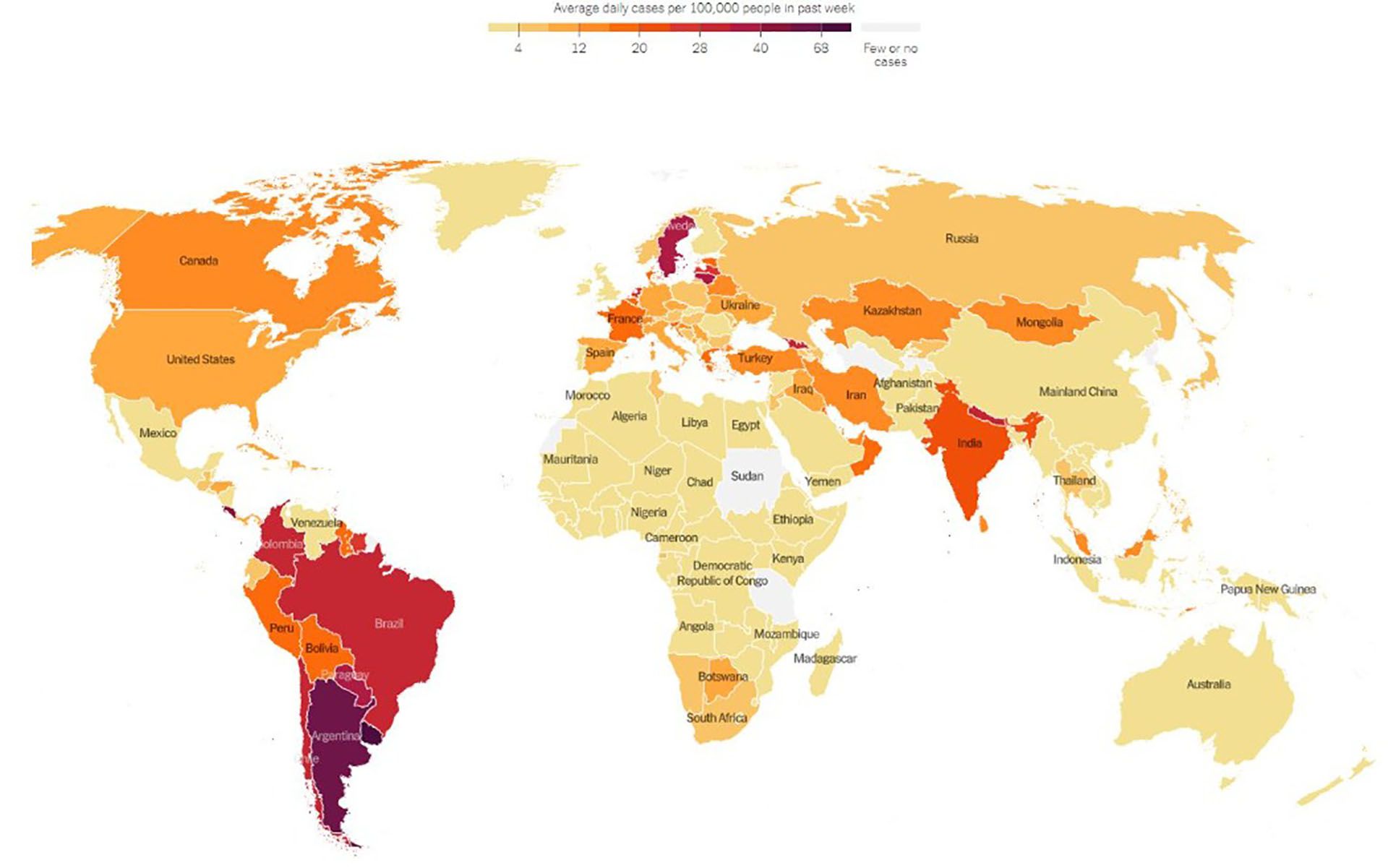 Coronavirus: el mapa de The New York Times que muestra a la Argentina como una de las zonas más complicadas del mundo