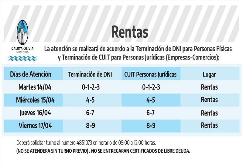 Desde el martes 14 Rentas realizará atención presencial por sistema de turnos