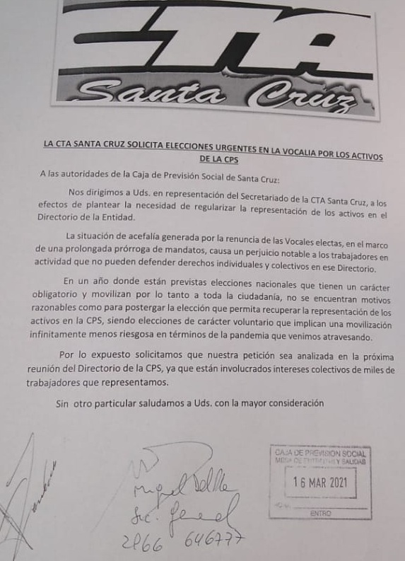 La CTA Santa Cruz solicita urgente elecciones de vocal por los activos de la Caja de Previsión Social