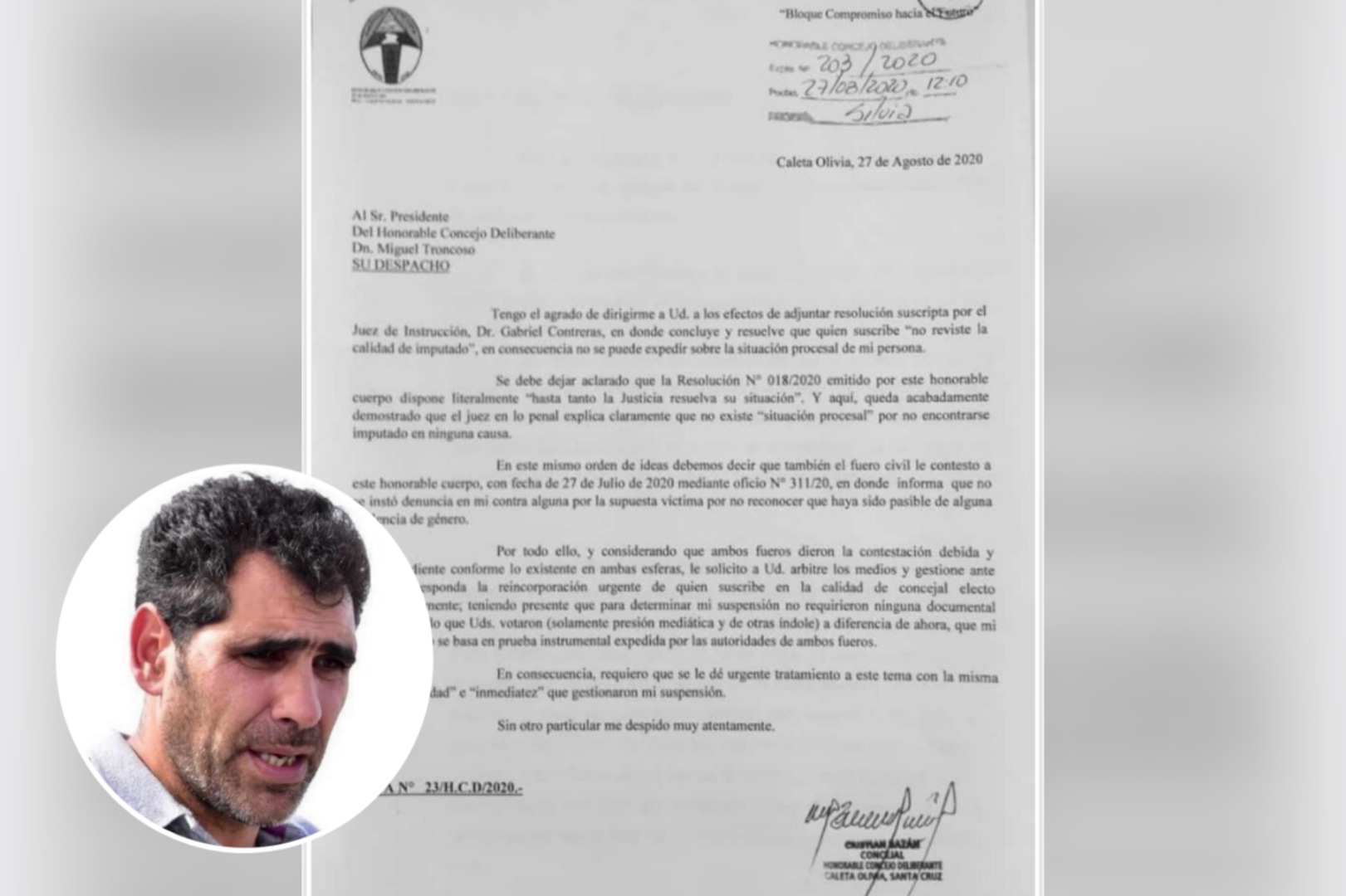 Segundo Pedido a sus pares: Cristian Bazán solicitó que le devuelvan la banca de concejal en 48 horas