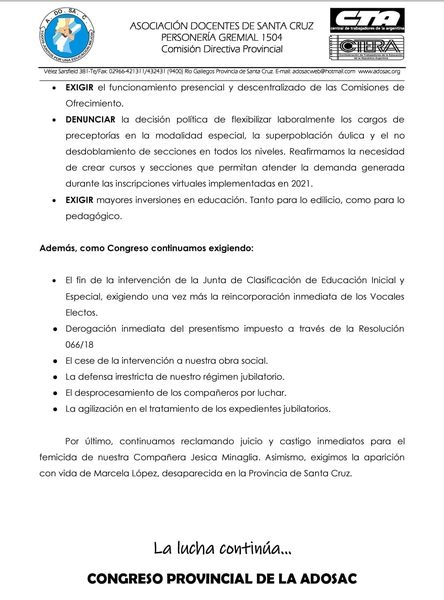 ADOSAC anunció un paro docente de 72 horas para esta semana