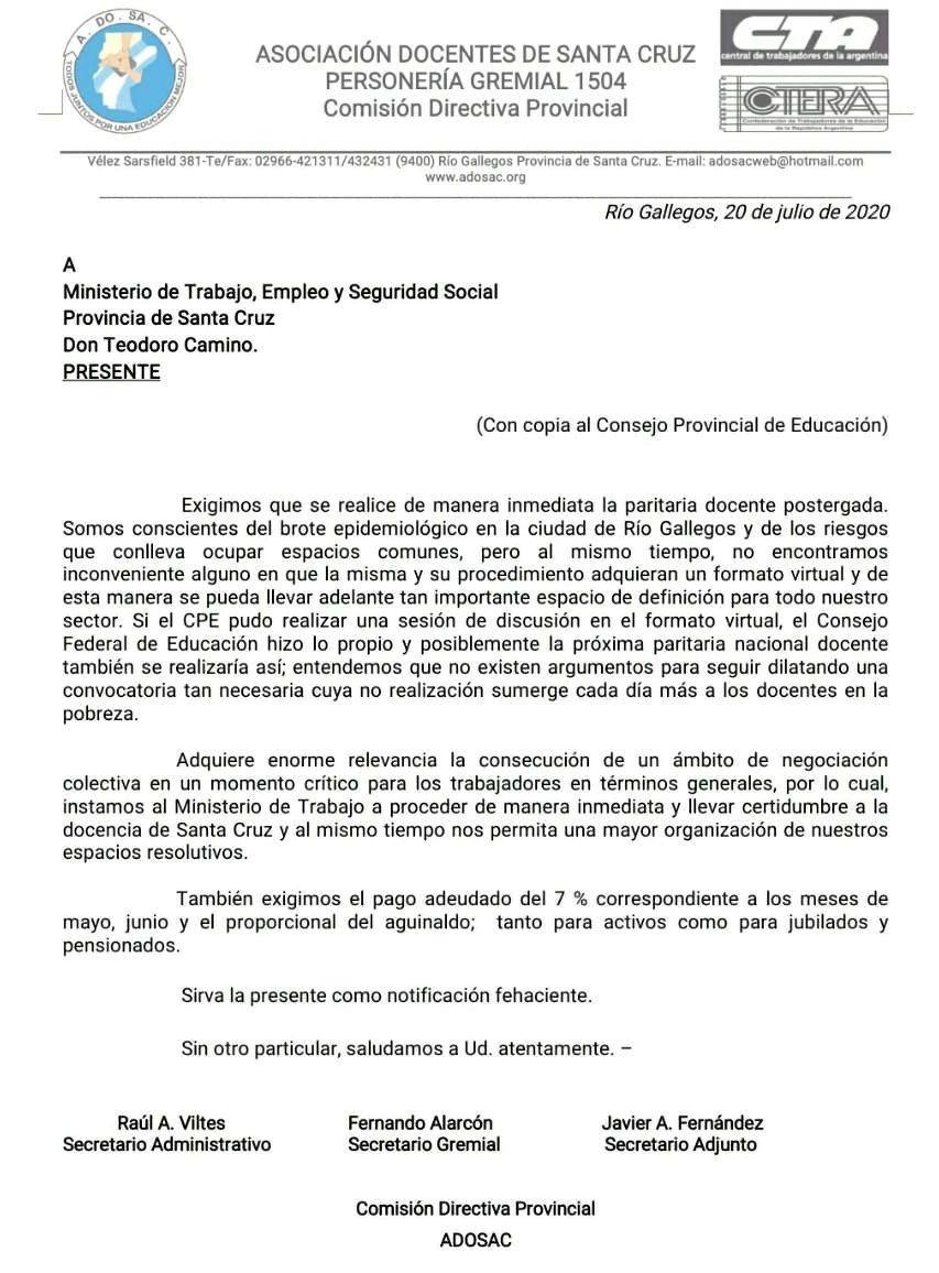 Ante la imposibilidad de reunirse, ADOSAC exige una paritaria virtual