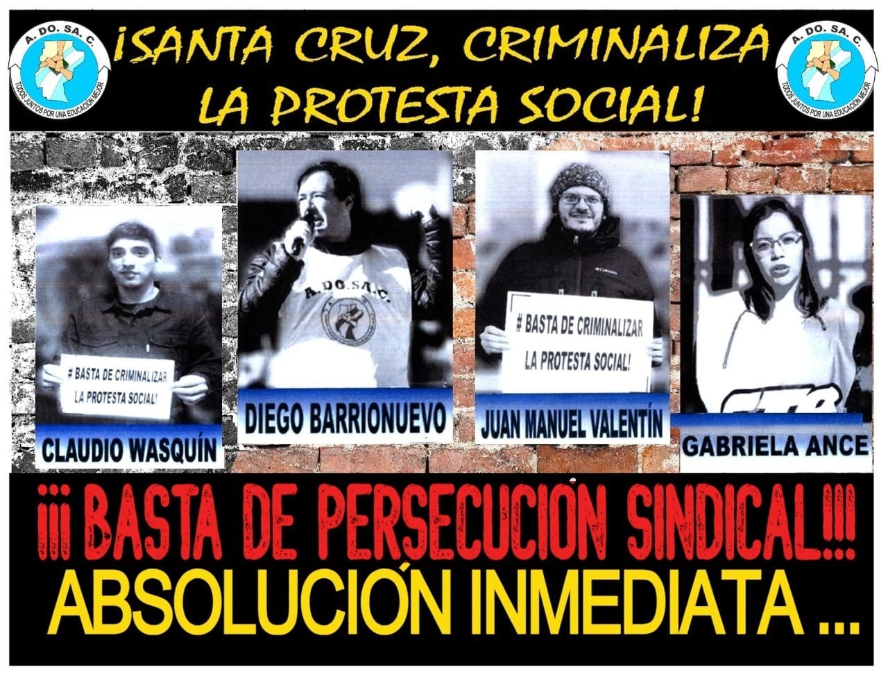 Campaña de ADOSAC: Juntan firmas por la absolución inmediata de cuatros de sus compañeros