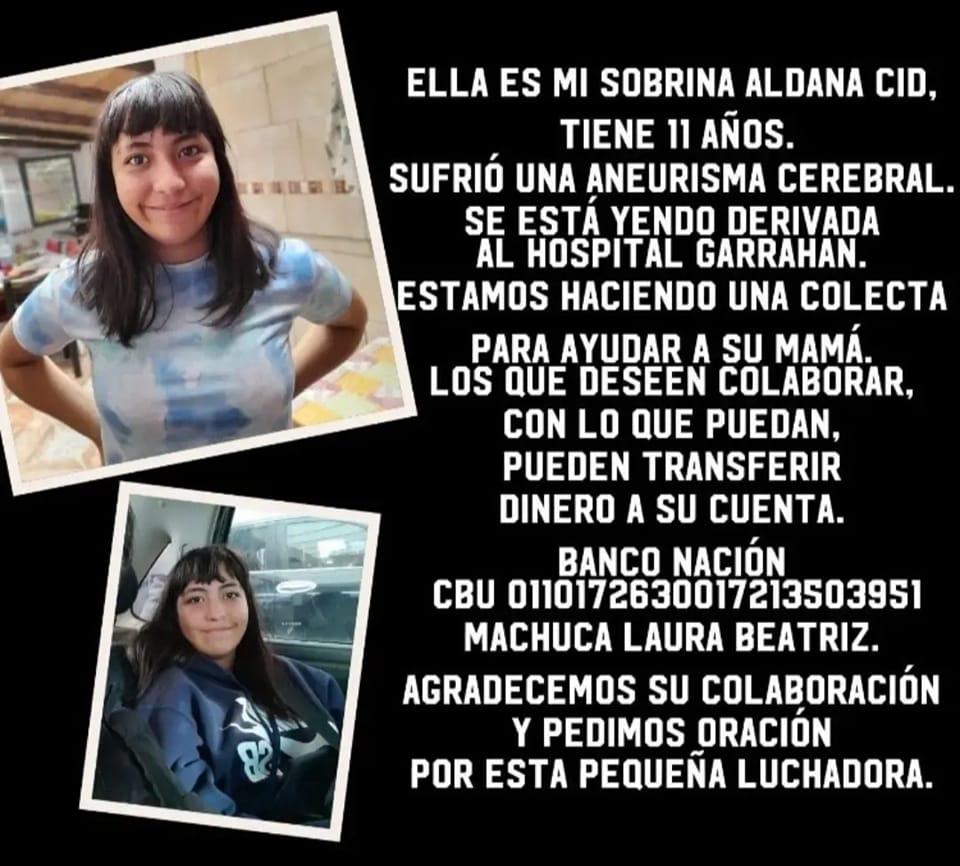 Colecta solidaria a beneficio de Aldana Cid: Sufrió una aneurisma cerebral y fue derivada al Hospital Garrahan
