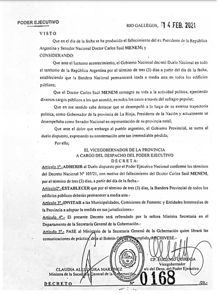 Tres días de duelo: Santa Cruz adhirió al duelo por la muerte del ex presidente Menem