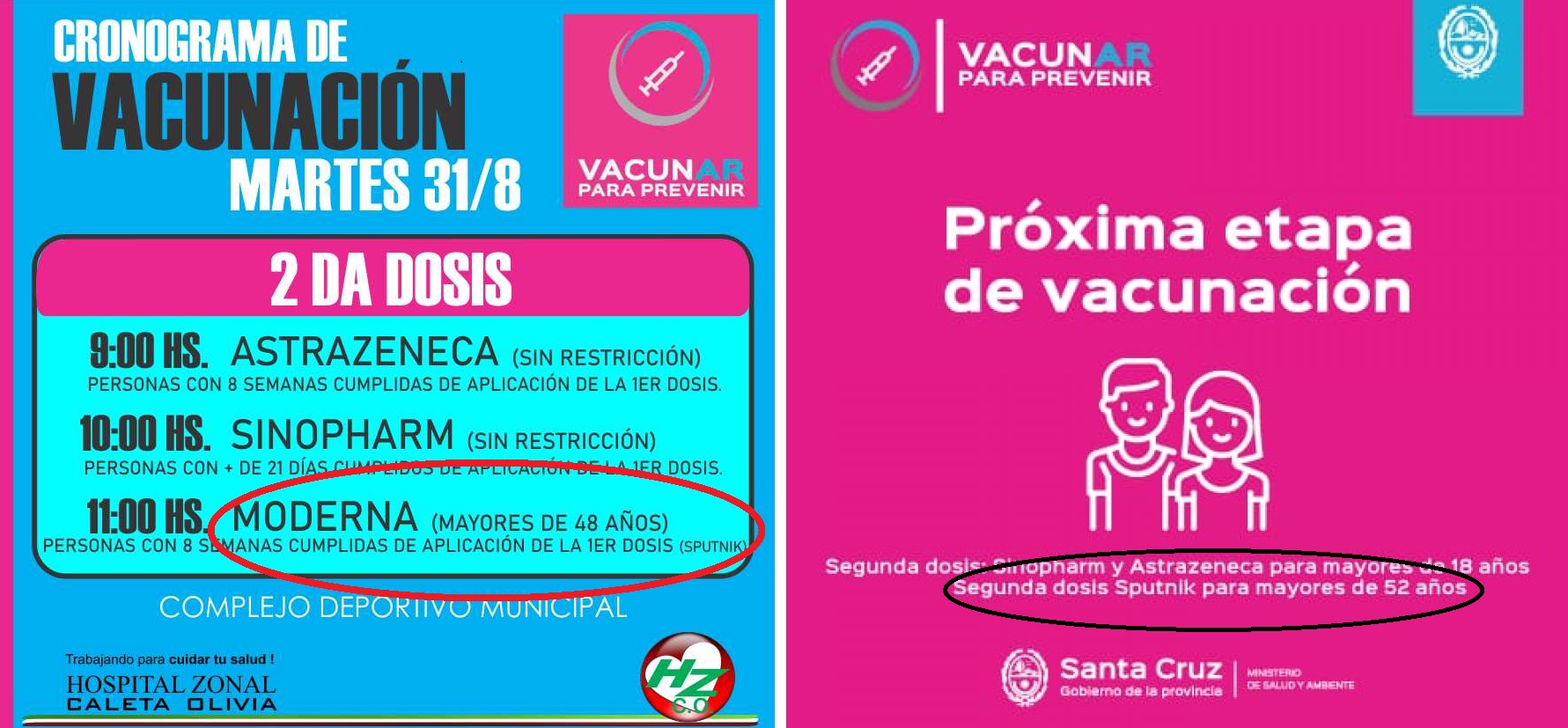Otra vez diferencias: En Gallegos vacunan segunda dosis de Sputnik, pero Caleta tiene que reemplazar con Moderna