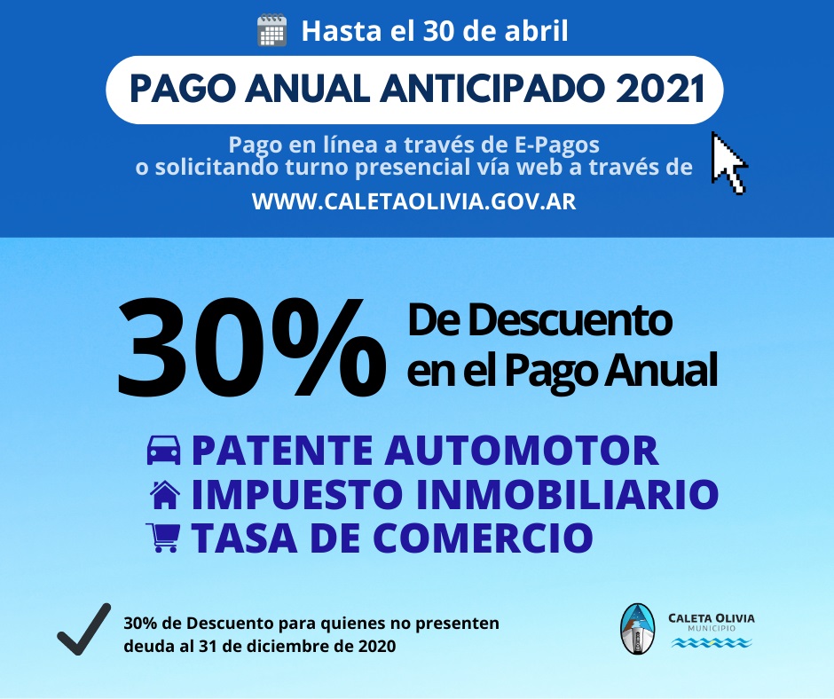 Ya está disponible en Caleta Olivia el pago adelantado de impuestos con el 30% de descuento