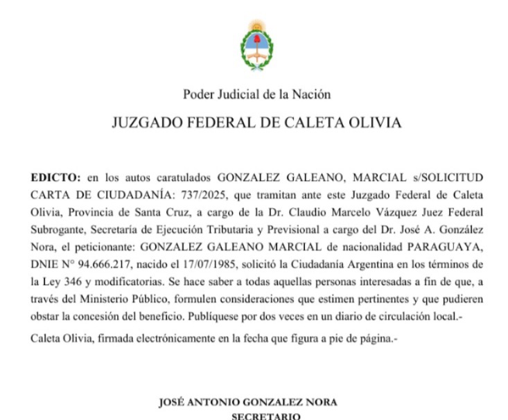 Caleta Olivia: Juzgado federal envía Edicto