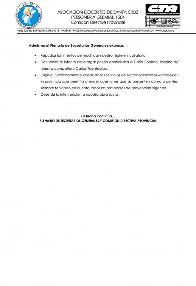 Crio. José Britos: “En Caleta Olivia están en un 90% con medidas de fuerza”