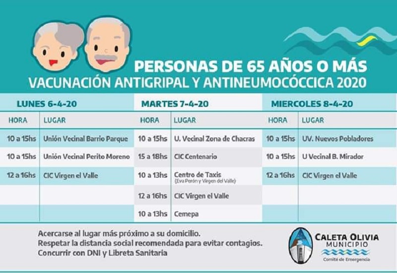 Este lunes sigue la vacunación antigripal para adultos mayores en Caleta Olivia 