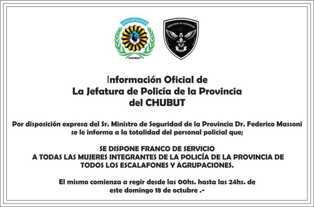En el Día de la Madre le dieron franco a todas las mujeres policías de Chubut