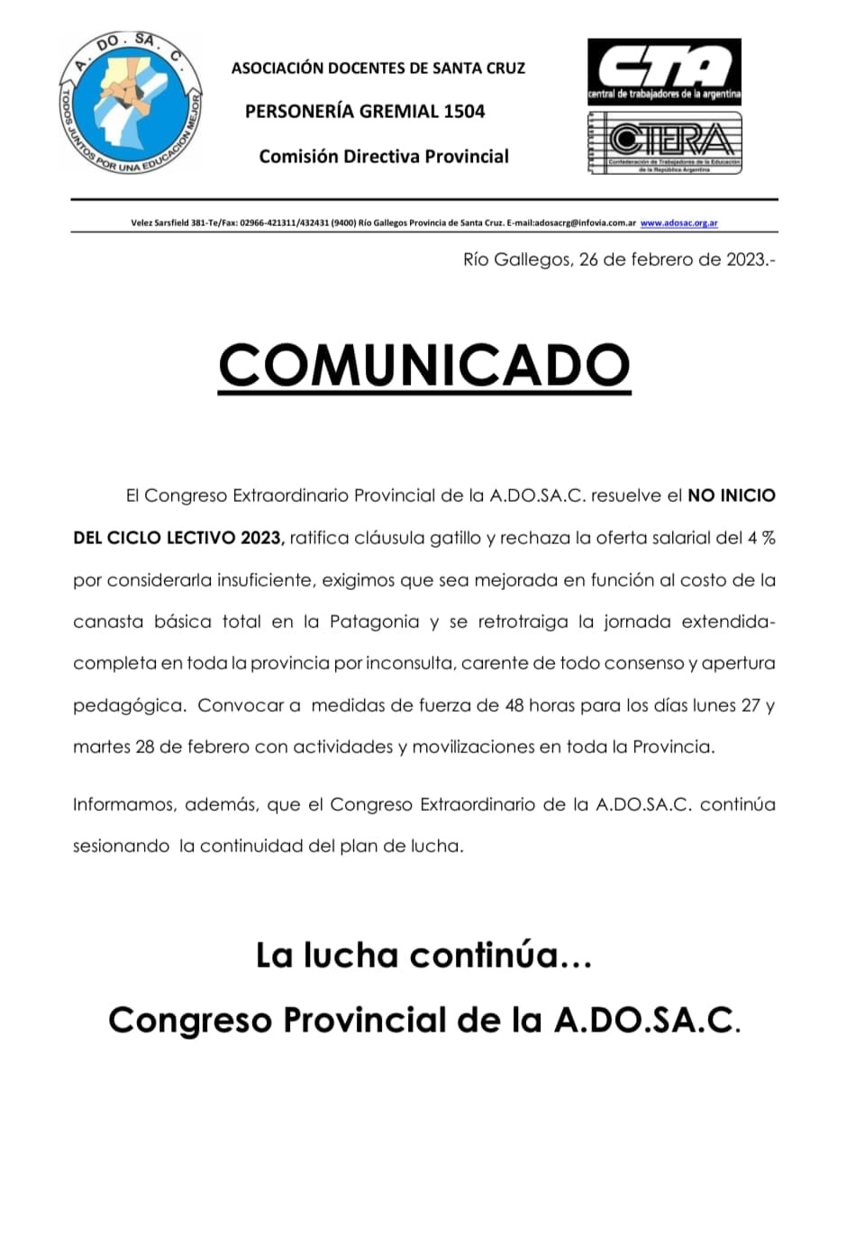 ADOSAC anunció un paro docente de 72 horas para esta semana