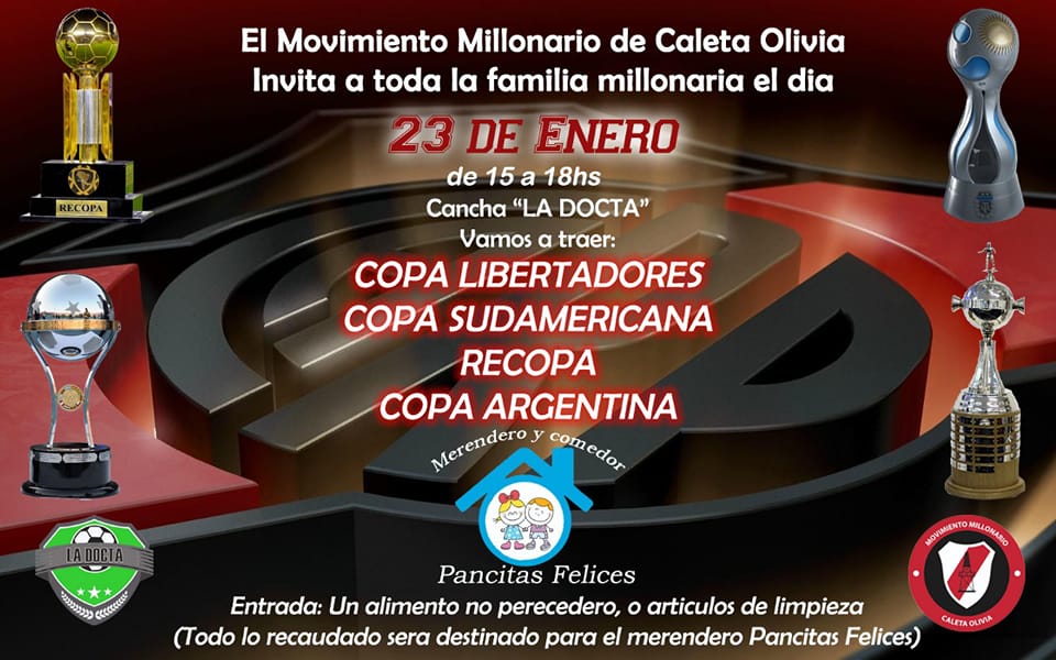 Movimiento Millonario: Este domingo la Copa Libertadores, Copa Argentina, Recopa y Copa Sudamericana visitarán Caleta Olivia