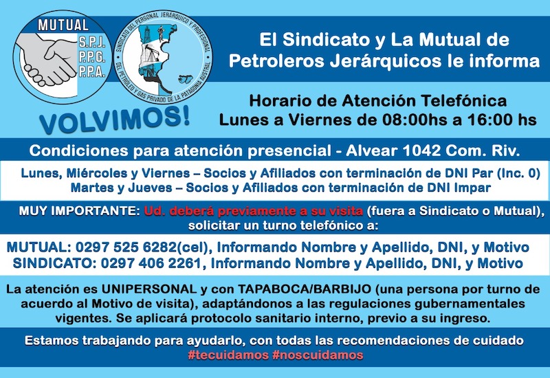 Sindicato y Mutual de Petroleros Jerárquicos reanudan atención presencial